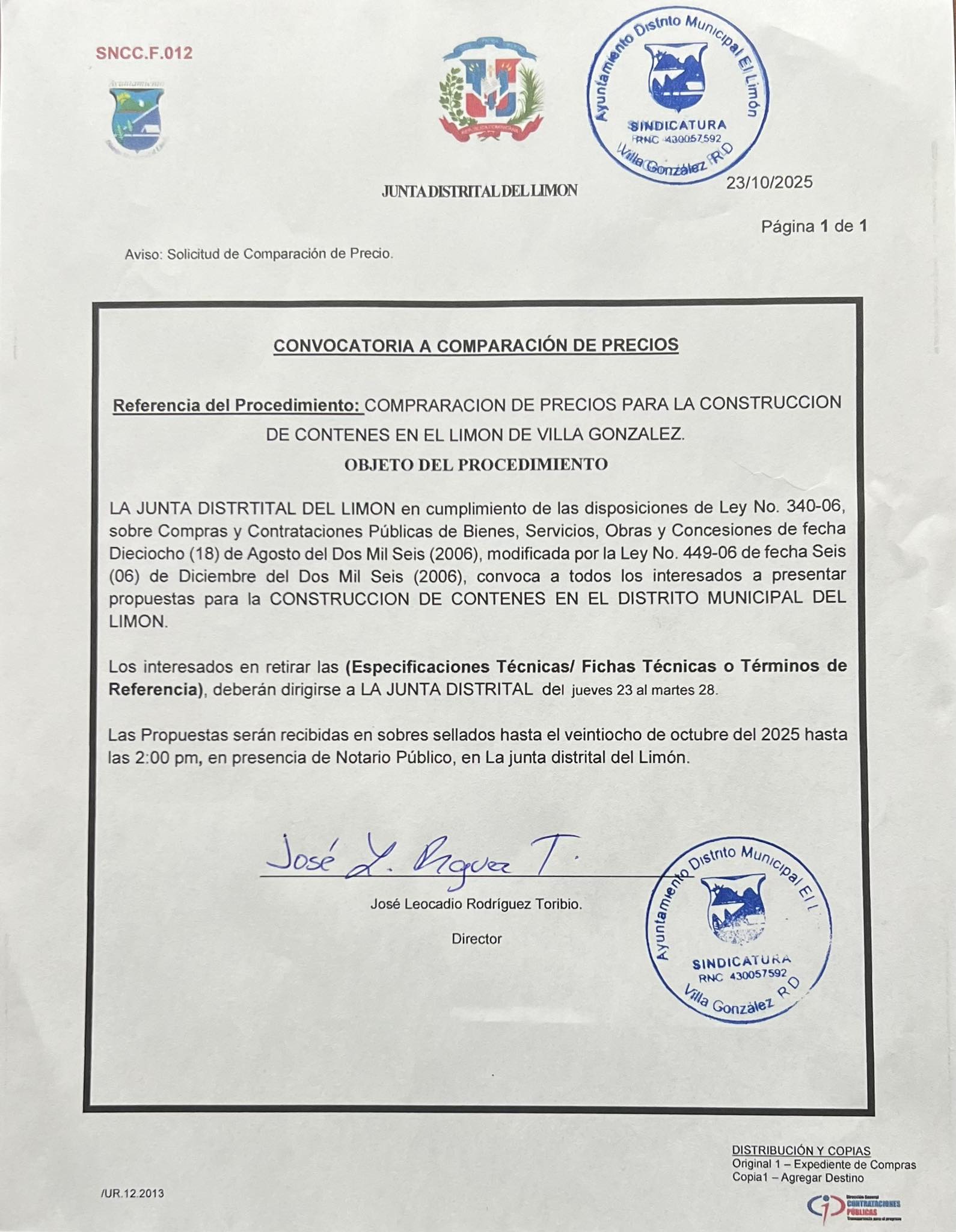 Convocatoria a comparación de precios.