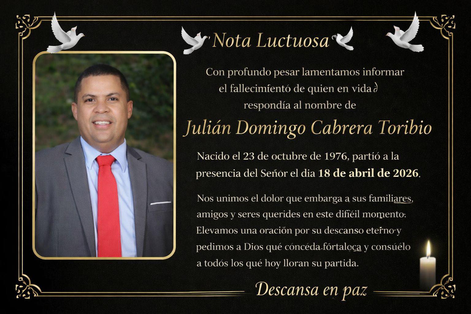 Comunidad de El Limón lamenta el fallecimiento de Julián Domingo Cabrera Toribio